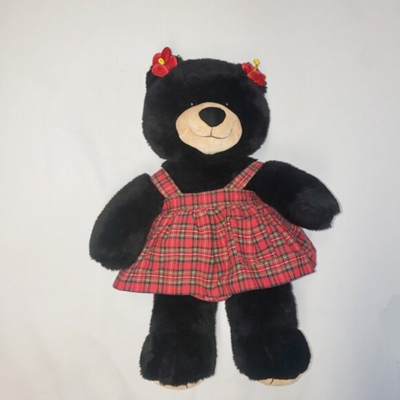 BAB Black Teddy Bear with Plaid dress & Bloomers & Flower Hair ties - Picture 2 of 5